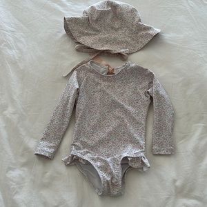 Minnow Swim Girls One-Piece Pink Floral Rashguard 2T + Matching Sunhat 18-24mo